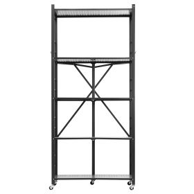 5-Tier Foldable Storage Shelf, 32W x 14D x 72H Inch Folding Metal Rack Shelving Unit, No Assembly Organizer Shelf with 5 Wheels & 4 Hooks for Pan