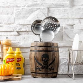 Rustic Burnt Wood Pirates Rum Cask Style Kitchen Utensil Crock, Vintage French Wine Barrel Cooking Tools Holder with Skull and Cutlass Sword Desi