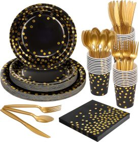 175PCS Black Gold Foil Polka Dot Disposable Party Tableware Set, 25 Guests | 9" & 7" Golden Dot Disposable Paper Plates, 9oz Cups
