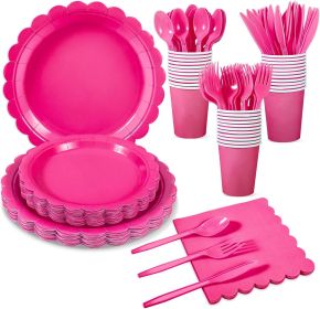 175 Pcs Hot Pink Paper Plates and Napkins, 25 Guest Hot Pink Supplies Include Scalloped Party Plates Napkins Cups Plastic Cutlery Set for Birthda