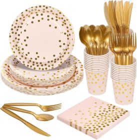 175PCS Pink Gold Foil Polka Dot Disposable Party Tableware Set, 25 Guests | 9" & 7" Golden Dot Disposable Paper Plates, 9oz Cups