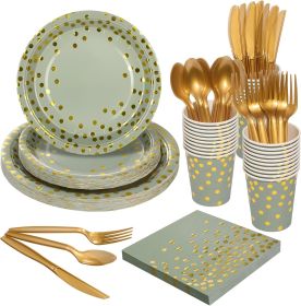 175PCS Sage Green Gold Foil Polka Dot Disposable Party Tableware Set, 25 Guests | 9" & 7" Golden Dot Disposable Paper Plates, 9oz Cups