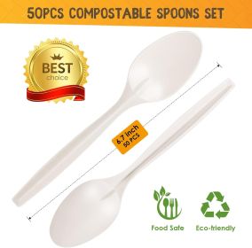Compostable Spoons 50 Pack 6.7 Inch Disposable Spoons No Plastic Biodegradable Cutlery Set Heavy-duty for Party Wedding Camping Office Picnic