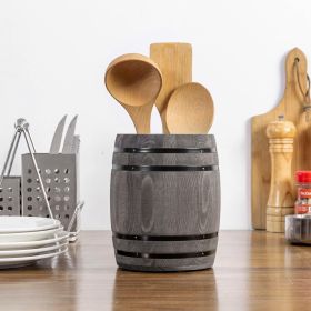 Wine Barrel Design Kitchen Utensil Crock, Vintage Gray Solid Wood Cooking Tool Holder