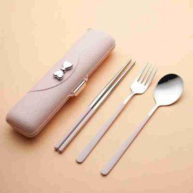 Travel cutlery set, 18/8 stainless steel cutlery, Reusable utensils set with case, Portable Silverware Lunch Box for Camping and Office (Option: Pink)